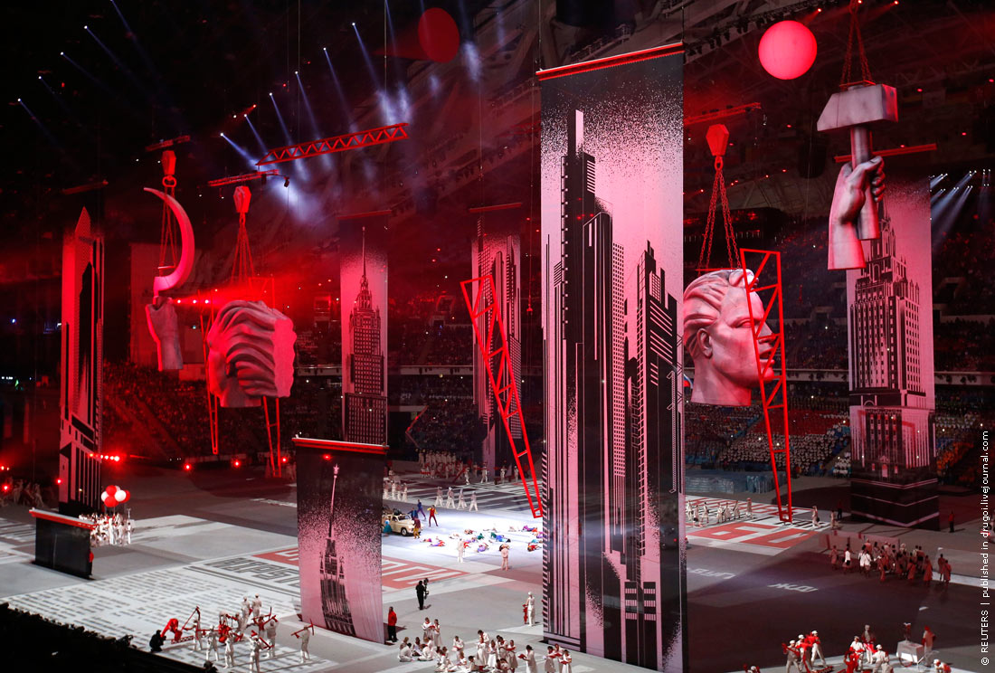 A general view shows a scene from the opening ceremony of the 2014 Sochi Winter Olympics